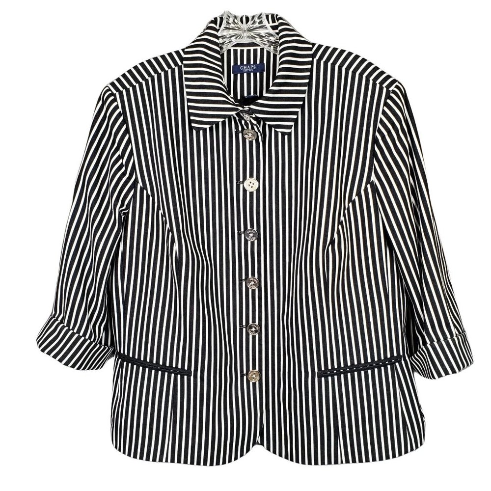Chaps Size 2X Blazer Beverly Hills Cotton Stripe Cuffed Sleeves Shaped Fit Black - Picture 2 of 8